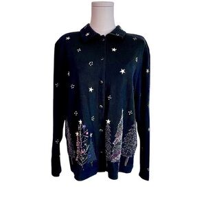 Bechamel VTG Christmas‎ Trees & Stars Button Beaded Front Shirt Jacket Women’s L